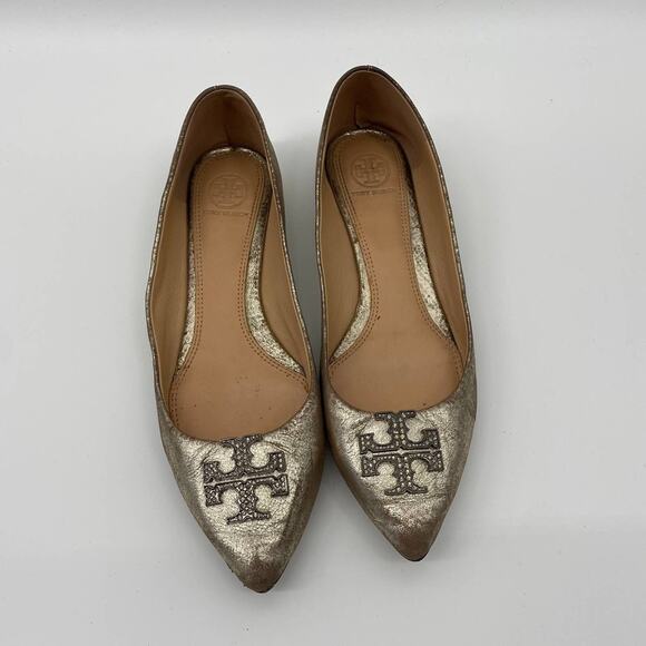 Tory Burch Silver Metallic Leather Ballet Flats Pointed Toe Size 8M - Picture 3 of 9